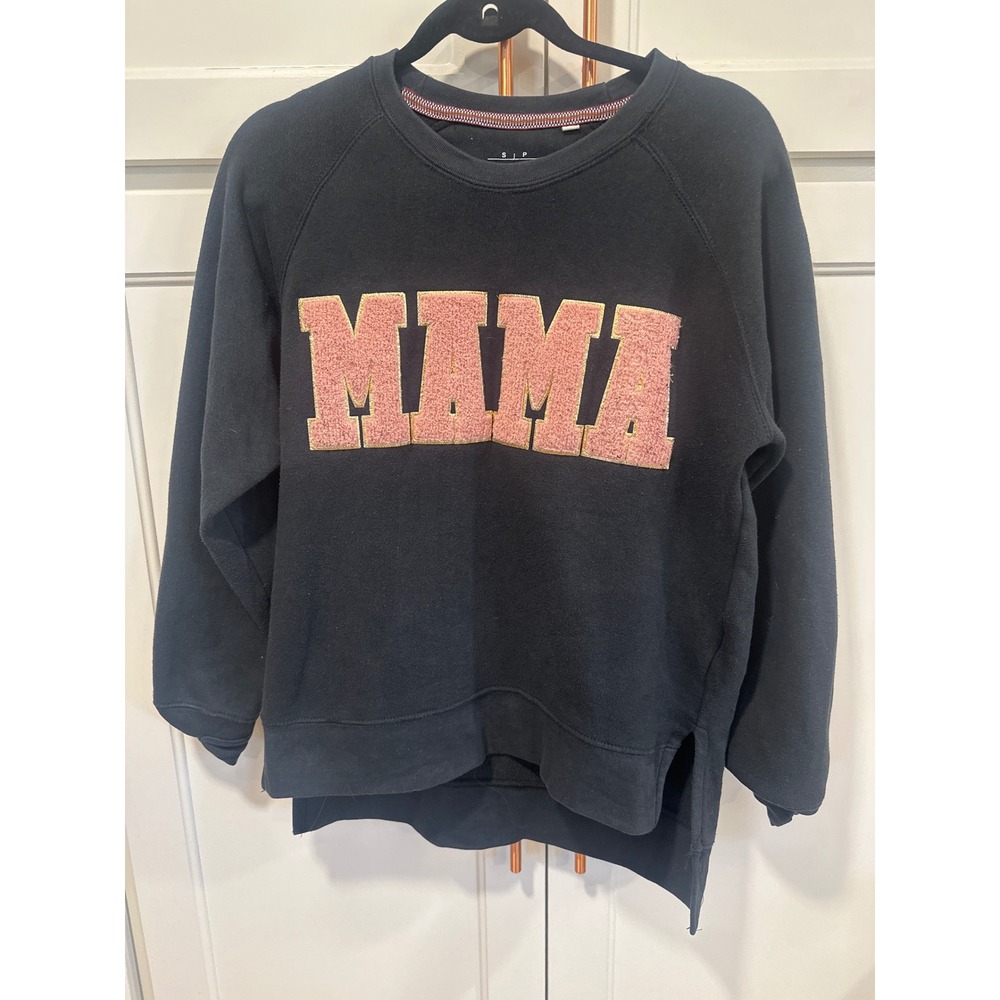 Texas True Threads Mama Sweatshirt Black Pink Chenille Patch Thumbhole Small